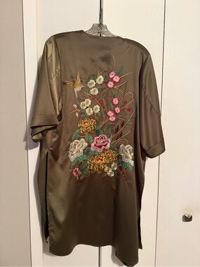 Anthropologie Olive Satin Embroidered Floral Kimono